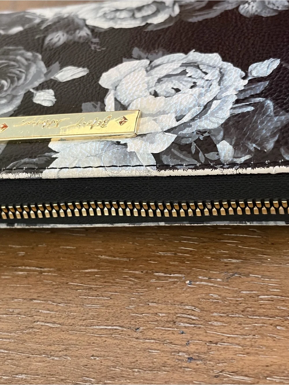 Betsey Johnson Black Wallet Wristlet with White Floral Print